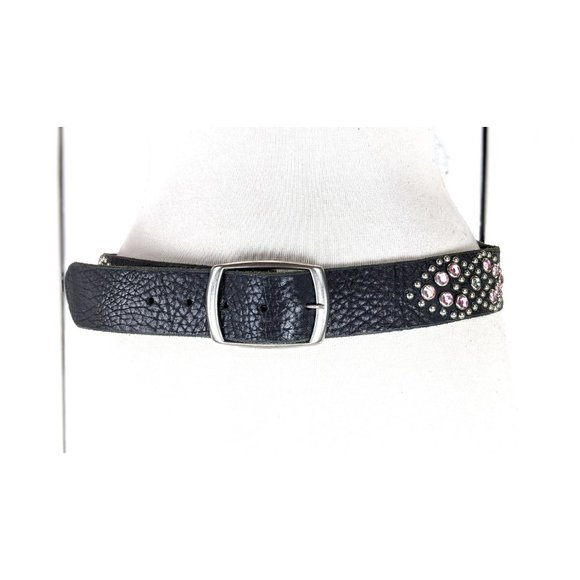 Vintage wide black metal studded rhinestones beaded leather belt 32 - Picture 2 of 5